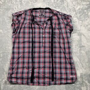 Lee Cooper Women's Plaid Button Up Shirt Roll Tab Sleeves Red Blue X Large